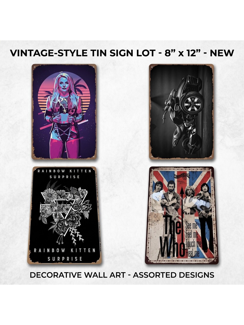 8x12 Metal Tin Signs Lot of 4: The Who RKS Can-Am Spyder Liv Morgan Bundle